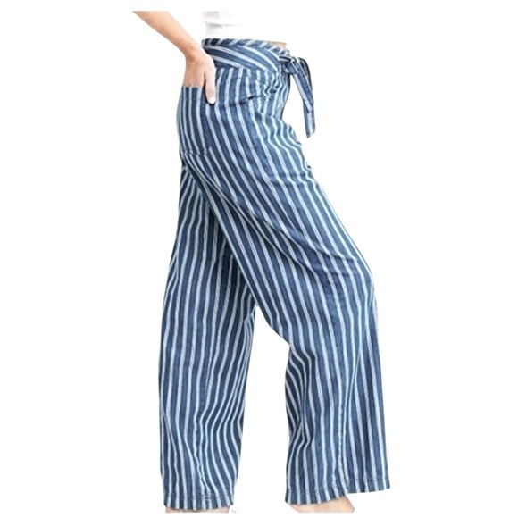 American Eagle Outfitters Pants - American Eagle Chambray Striped Wide Leg High Rise Ankle Pants Blue Wh…